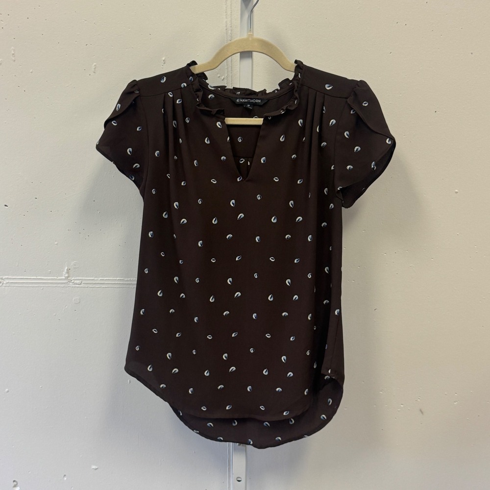 41 Hawthorn Brown Teardrop Print‎ Ruffle Neck Tulip Sleeve Blouse WW10098D2 XS
